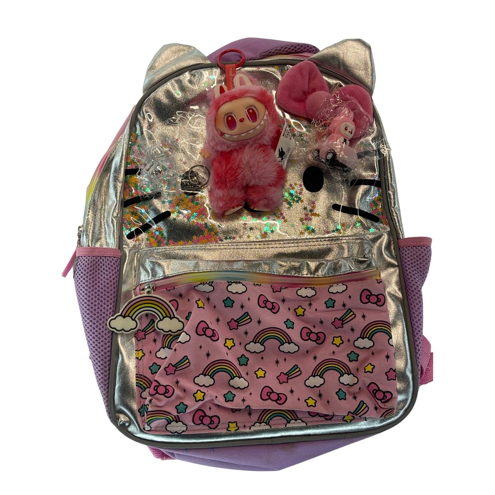 Hello Kitty Backpack Silver‎ Pink Rainbow Novelty w Free Plush Clip Charms Cute